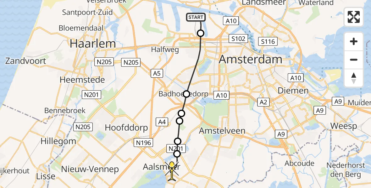 Routekaart van de vlucht: Lifeliner 1 naar Aalsmeer