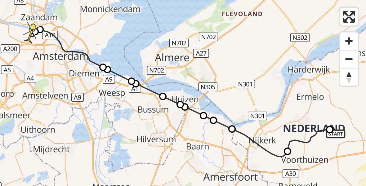 Routekaart van de vlucht: Lifeliner 1 naar Amsterdam Heliport