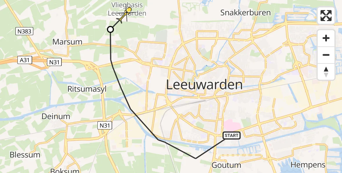 Vluchtroute Ambulancehelikopter van Leeuwarden naar Vliegbasis Leeuwarden