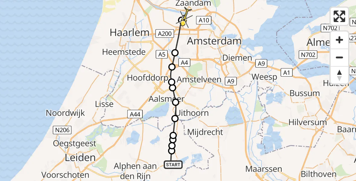 Routekaart van de vlucht: Lifeliner 1 naar Amsterdam Heliport