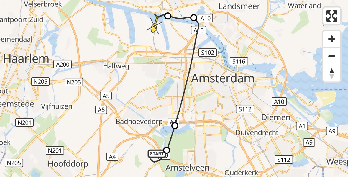 Routekaart van de vlucht: Politieheli naar Amsterdam Heliport