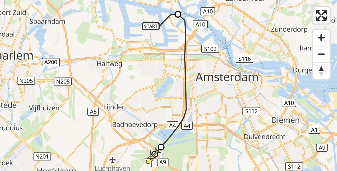 Vluchtroute Politiehelikopter van Amsterdam Heliport naar Schiphol