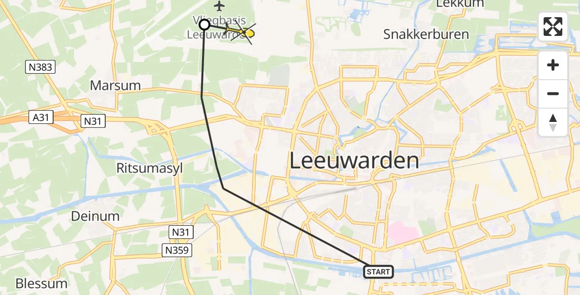 Vluchtroute Ambulancehelikopter van Leeuwarden naar Vliegbasis Leeuwarden