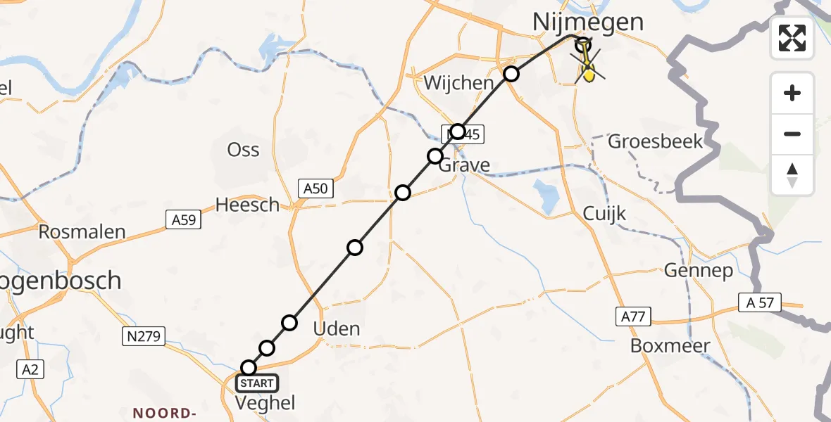 Routekaart van de vlucht: Lifeliner 3 naar Radboud Universitair Medisch Centrum