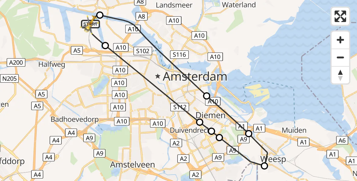 Vluchtroute Traumahelikopter Amsterdam Heliport - Amsterdam Heliport, 23 november 2023, 04:52
