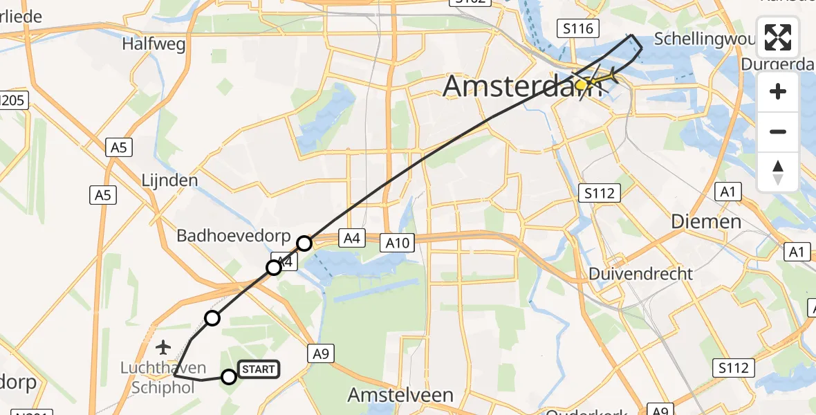 Vluchtroute Politiehelikopter van Schiphol naar Amsterdam