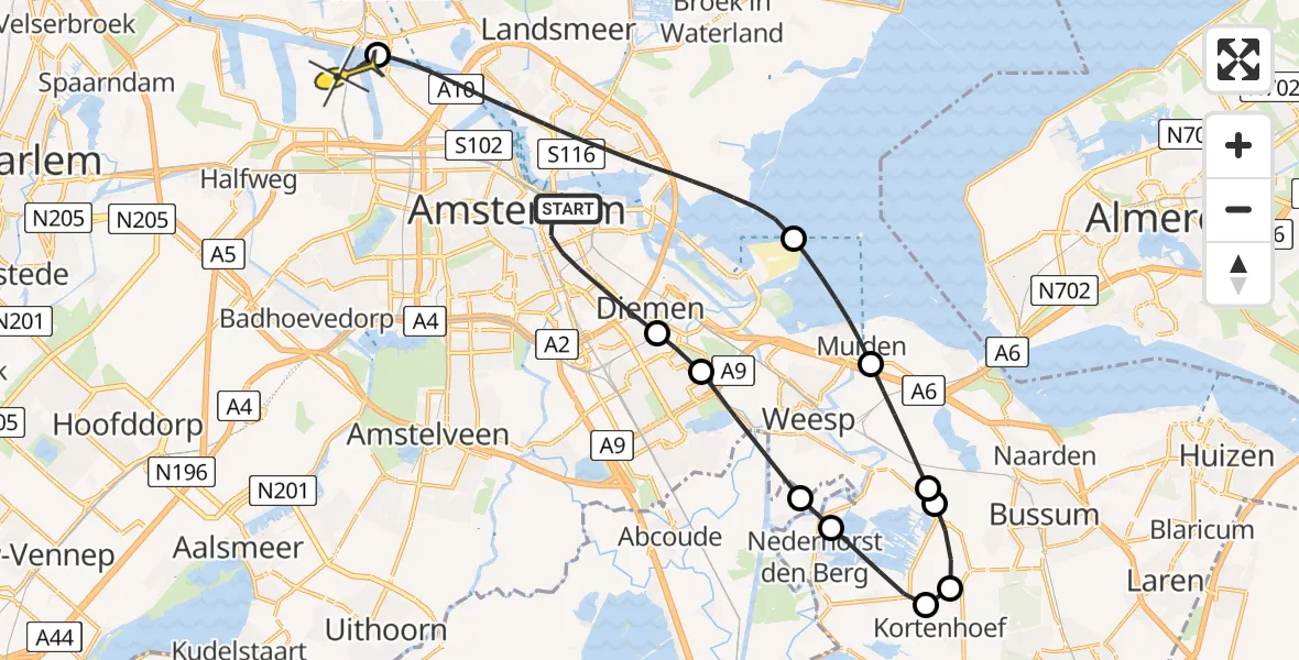 Routekaart van de vlucht: Lifeliner 1 naar Amsterdam Heliport