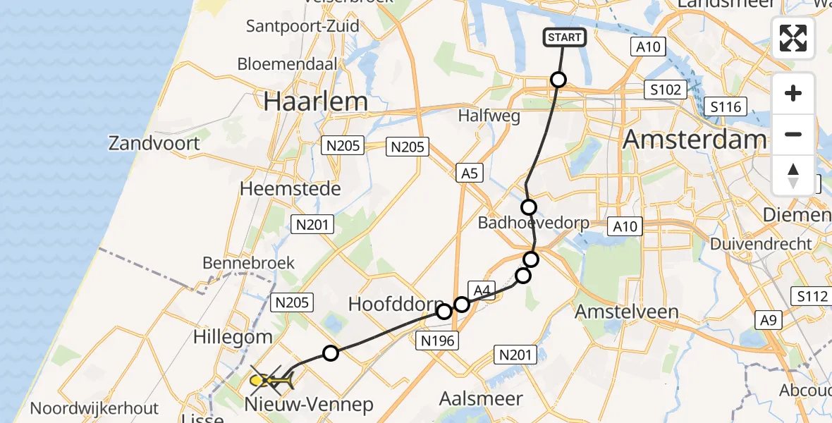 Routekaart van de vlucht: Lifeliner 1 naar Nieuw-Vennep