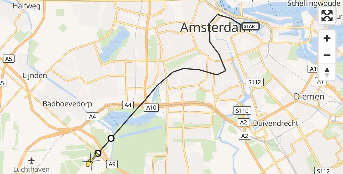 Vluchtroute Politiehelikopter van Amsterdam naar Schiphol