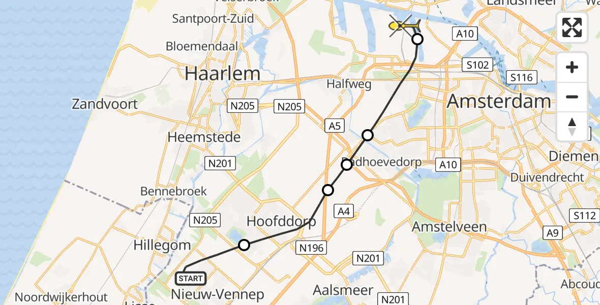 Routekaart van de vlucht: Lifeliner 1 naar Amsterdam Heliport