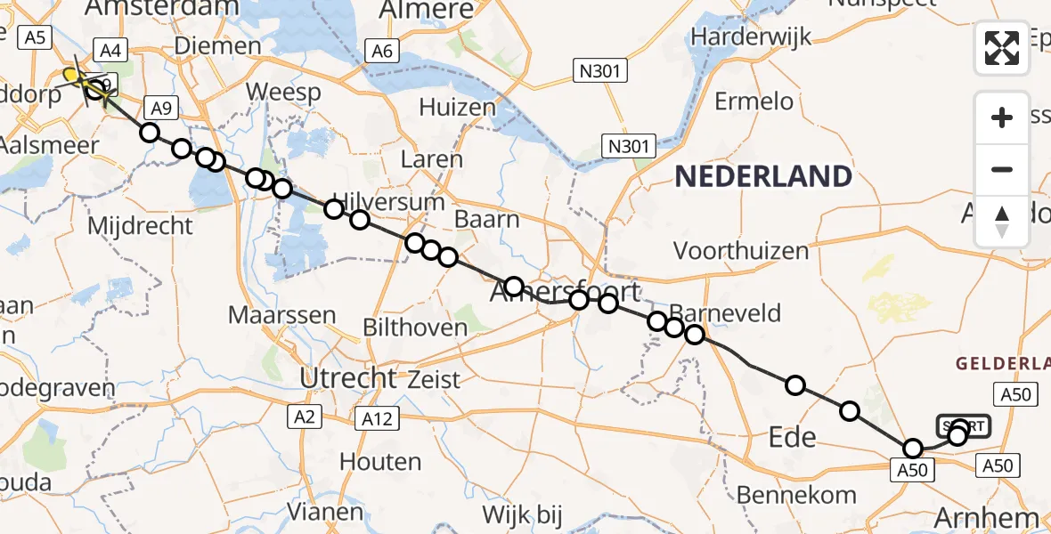 Routekaart van de vlucht: Politieheli naar Schiphol