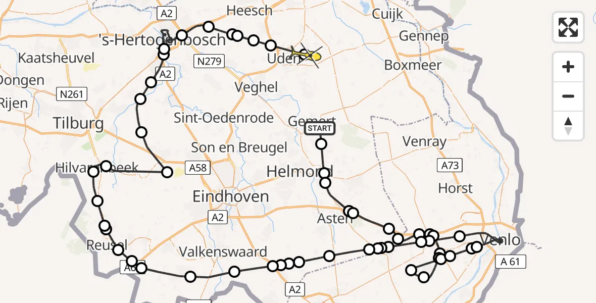 Routekaart van de vlucht: Politieheli naar Volkel