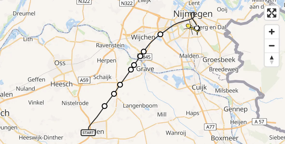 Routekaart van de vlucht: Lifeliner 3 naar Radboud Universitair Medisch Centrum