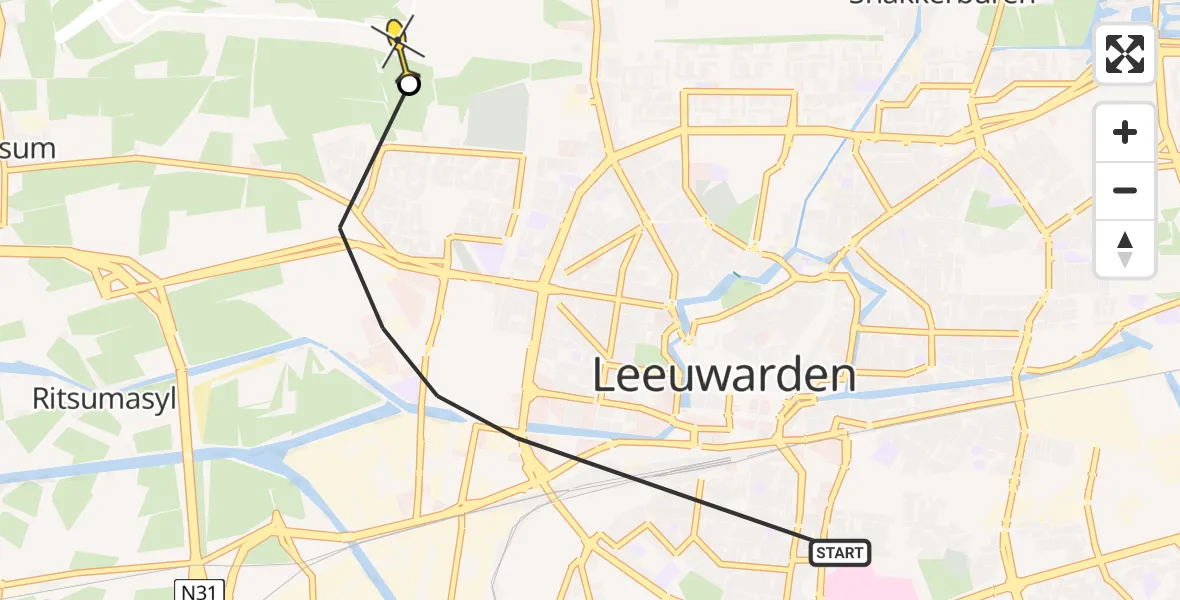 Vluchtroute Ambulancehelikopter van Leeuwarden naar Vliegbasis Leeuwarden
