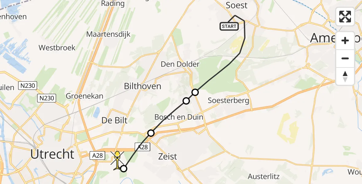 Routekaart van de vlucht: Lifeliner 1 naar Universitair Medisch Centrum Utrecht