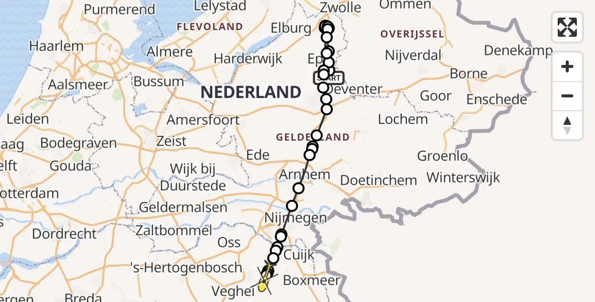 Routekaart van de vlucht: Politieheli naar Vliegbasis Volkel