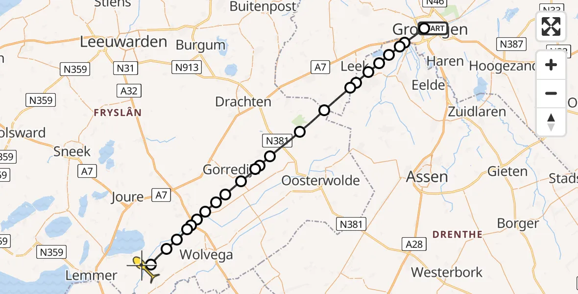 Routekaart van de vlucht: Lifeliner 4 naar Langelille