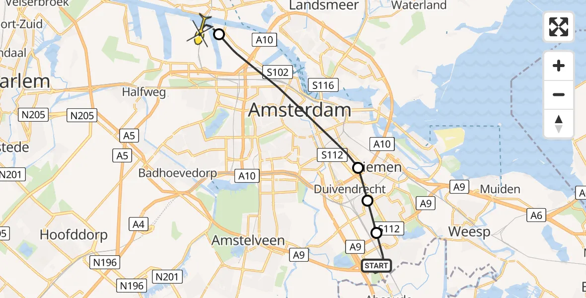 Routekaart van de vlucht: Lifeliner 1 naar Amsterdam Heliport