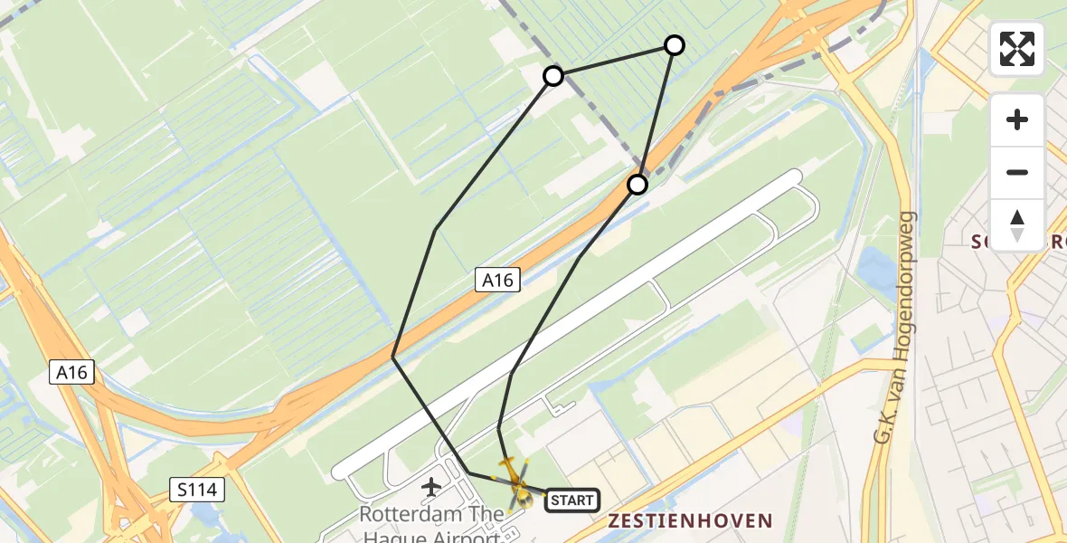 Vluchtroute Traumahelikopter Rotterdam The Hague Airport - Rotterdam The Hague Airport, 27 november 2023, 07:41