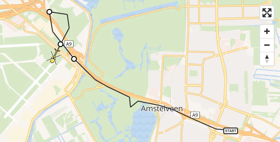Vluchtroute Politiehelikopter van Amstelveen naar Schiphol