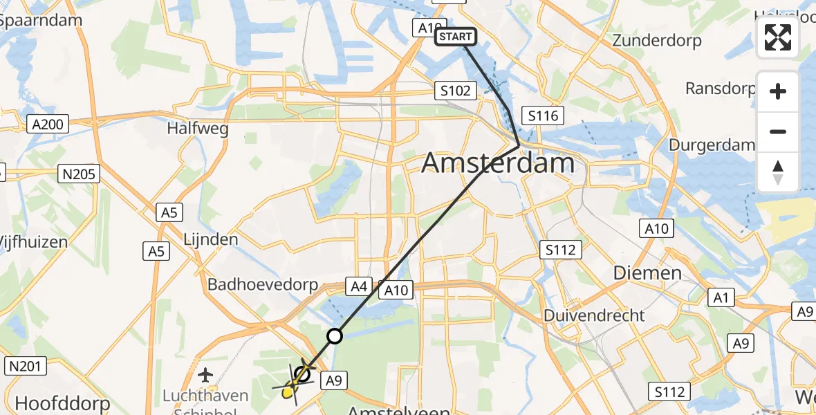 Routekaart van de vlucht: Politieheli naar Schiphol