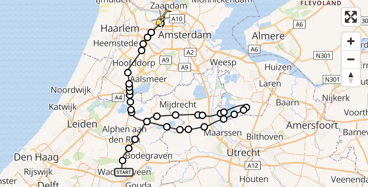 Routekaart van de vlucht: Lifeliner 1 naar Amsterdam Heliport