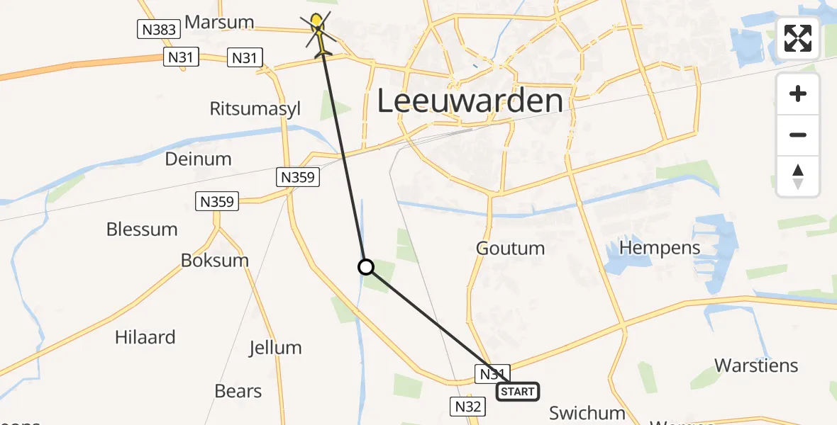 Routekaart van de vlucht: Ambulancehelikopter naar Leeuwarden
