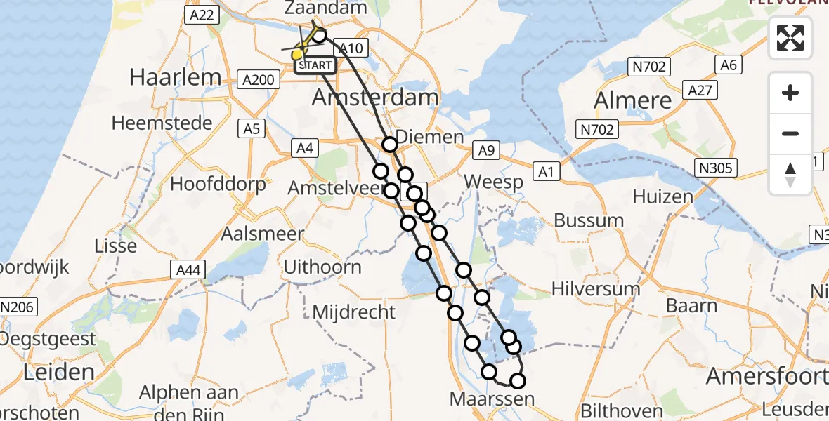 Routekaart van de vlucht: Lifeliner 1 naar Amsterdam Heliport