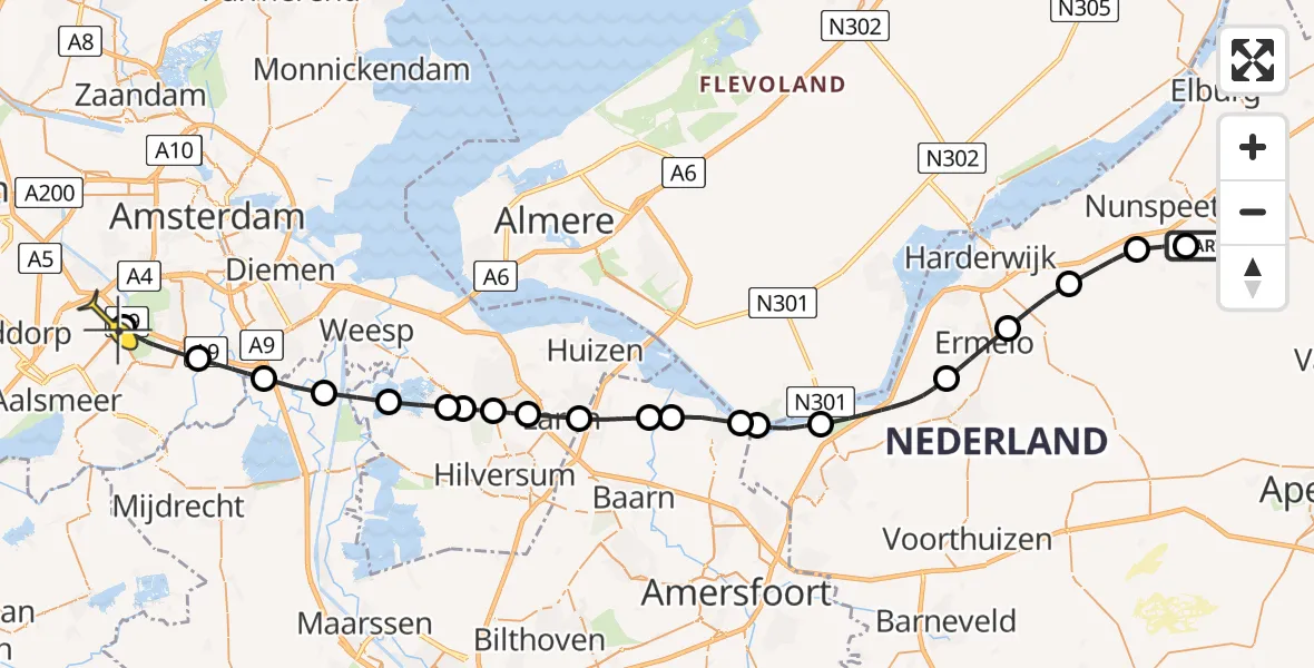 Routekaart van de vlucht: Politieheli naar Schiphol