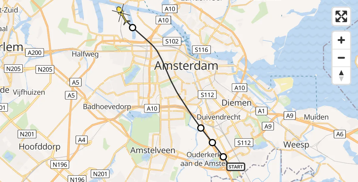 Routekaart van de vlucht: Lifeliner 1 naar Amsterdam Heliport