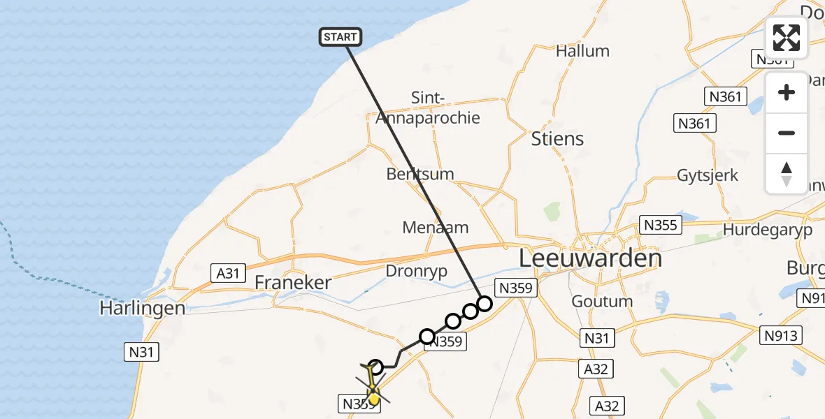 Routekaart van de vlucht: Ambulanceheli naar Spannum