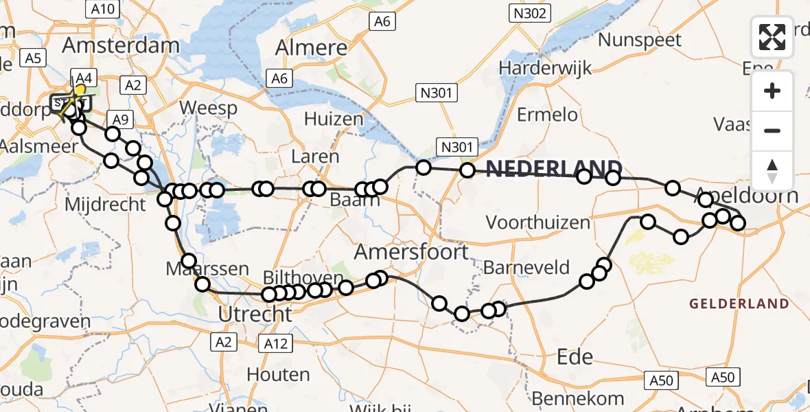 Routekaart van de vlucht: Politieheli naar Schiphol