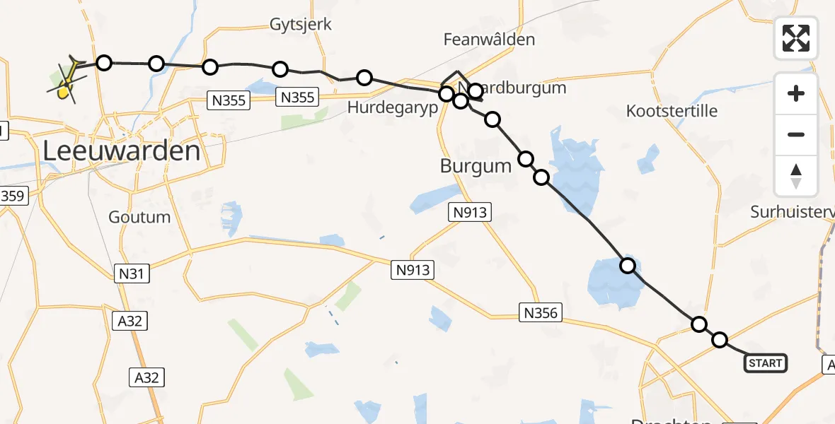 Routekaart van de vlucht: Ambulanceheli naar Vliegbasis Leeuwarden