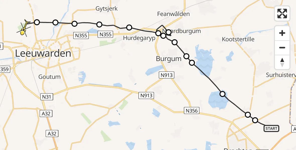 Routekaart van de vlucht: Ambulancehelikopter naar Vliegbasis Leeuwarden