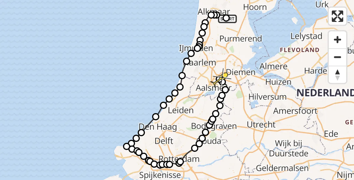 Routekaart van de vlucht: Politieheli naar Schiphol