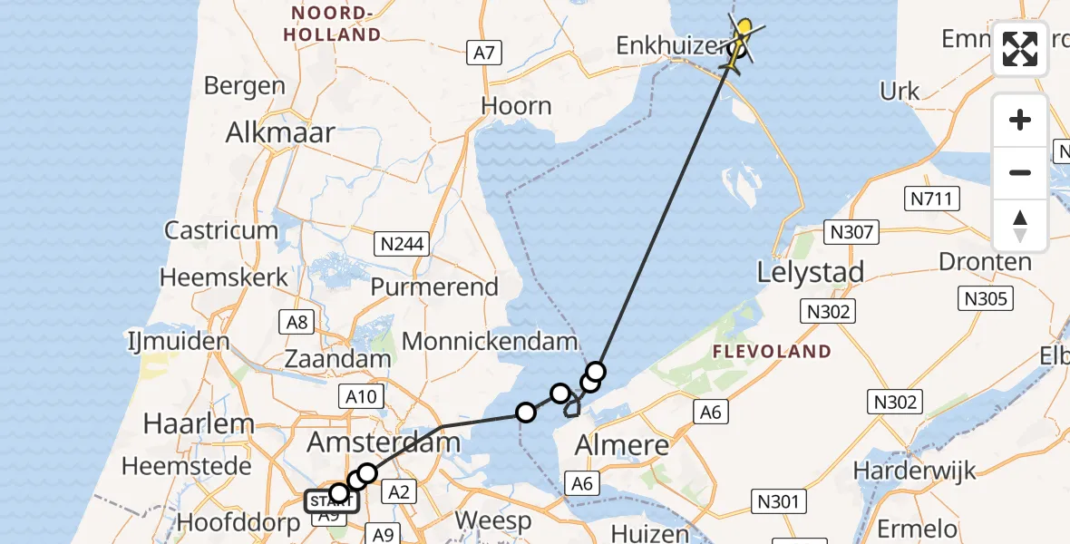 Routekaart van de vlucht: Politieheli naar Urk