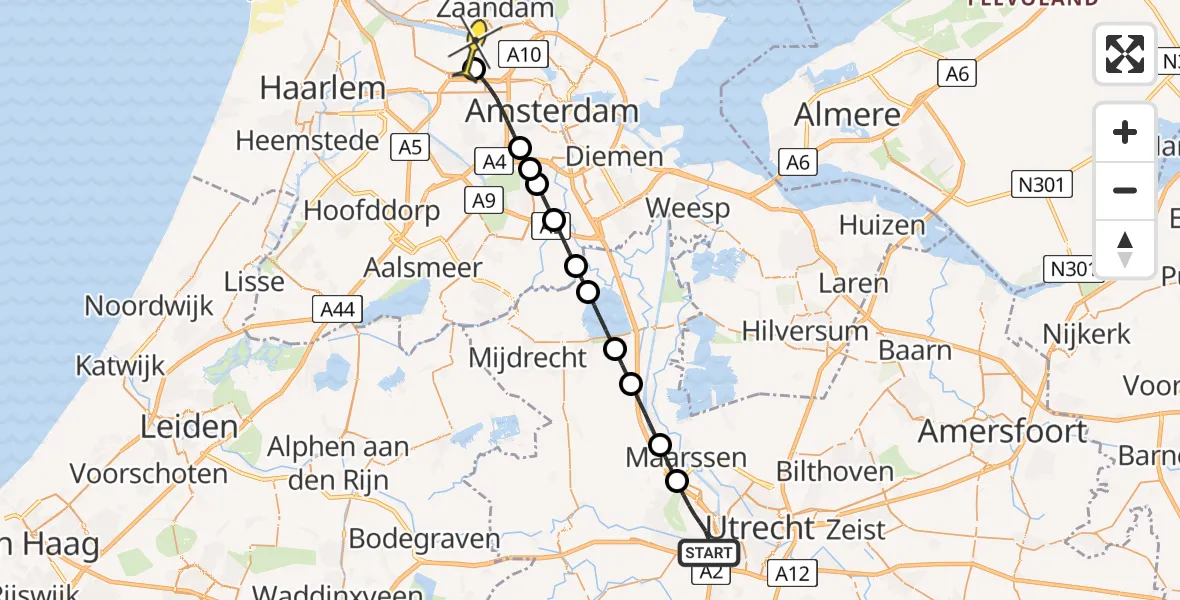 Routekaart van de vlucht: Lifeliner 1 naar Amsterdam Heliport