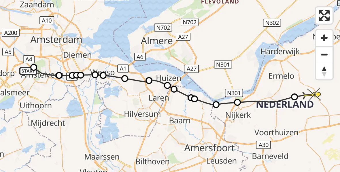 Routekaart van de vlucht: Politieheli naar Ermelo