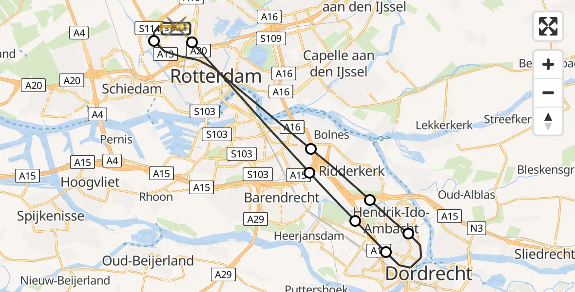 Vluchtroute Traumahelikopter Rotterdam The Hague Airport - Rotterdam The Hague Airport, 01 december 2023, 19:19