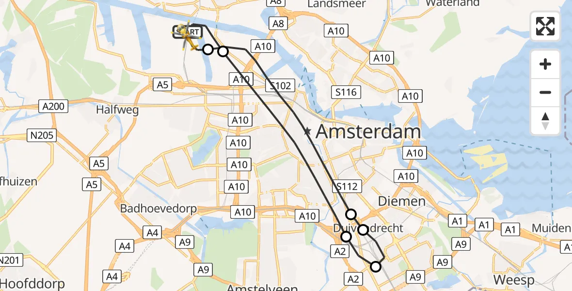 Vluchtroute Traumahelikopter Amsterdam Heliport - Amsterdam Heliport, 01 december 2023, 20:06