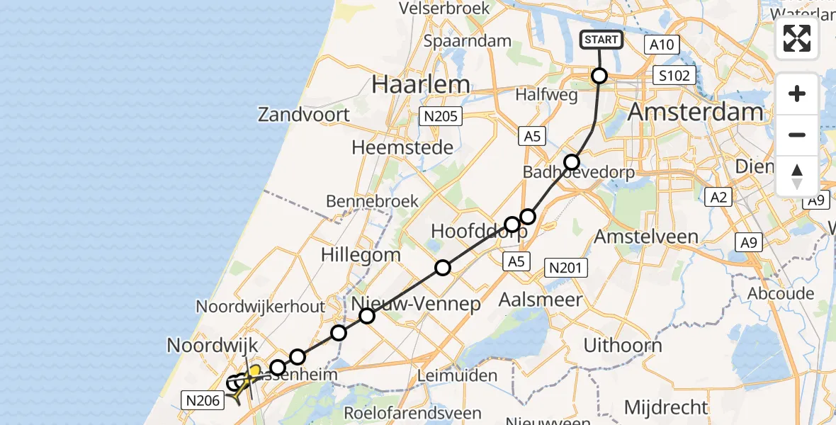 Routekaart van de vlucht: Lifeliner 1 naar Voorhout