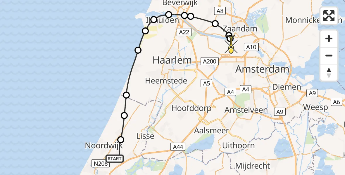 Routekaart van de vlucht: Lifeliner 1 naar Amsterdam Heliport