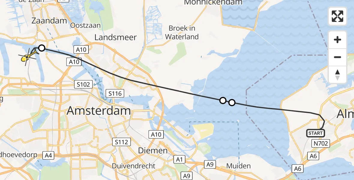 Routekaart van de vlucht: Lifeliner 1 naar Amsterdam Heliport