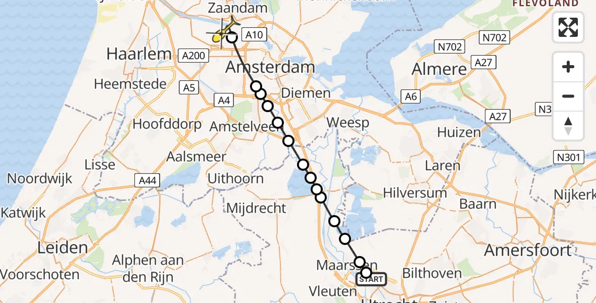 Routekaart van de vlucht: Lifeliner 1 naar Amsterdam Heliport