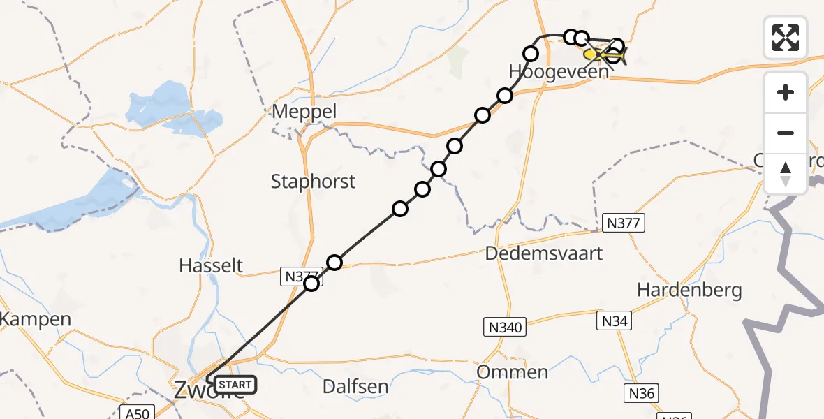 Routekaart van de vlucht: Lifeliner 4 naar Vliegveld Hoogeveen