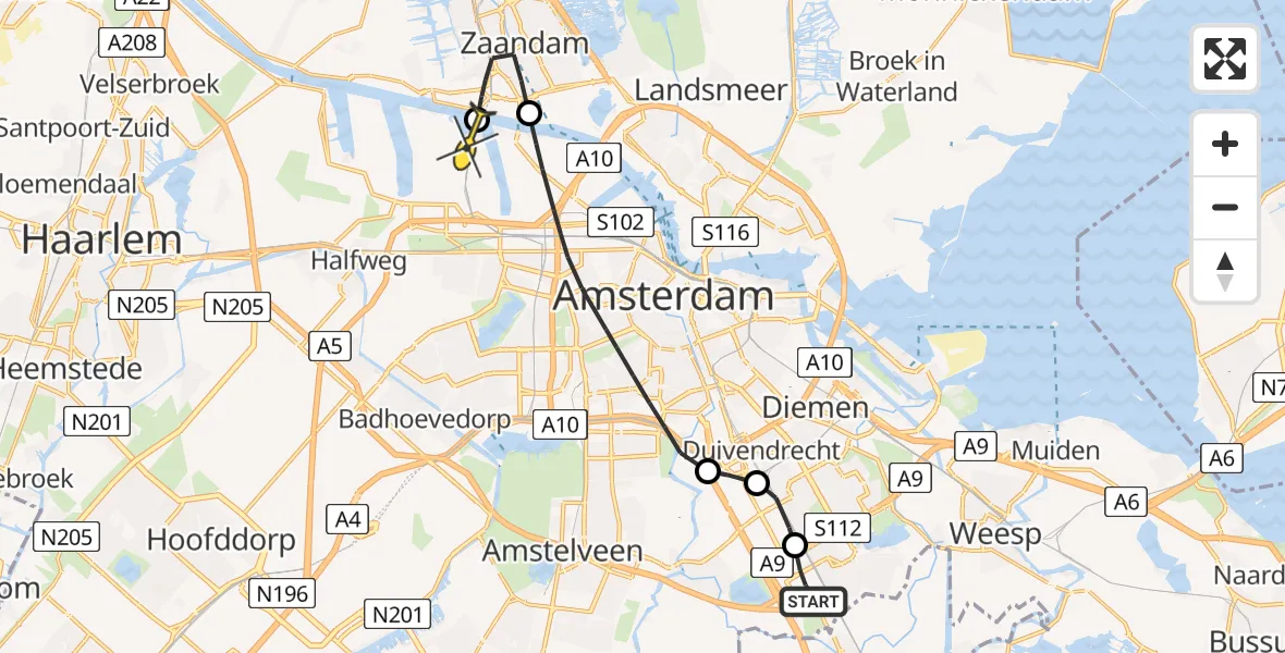 Routekaart van de vlucht: Lifeliner 1 naar Amsterdam Heliport