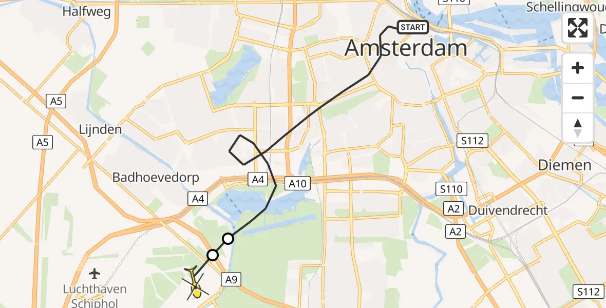 Vluchtroute Politiehelikopter van Amsterdam naar Schiphol