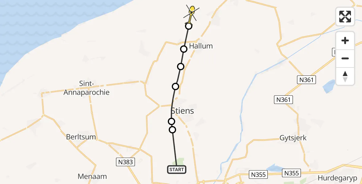 Routekaart van de vlucht: Ambulancehelikopter naar Marrum