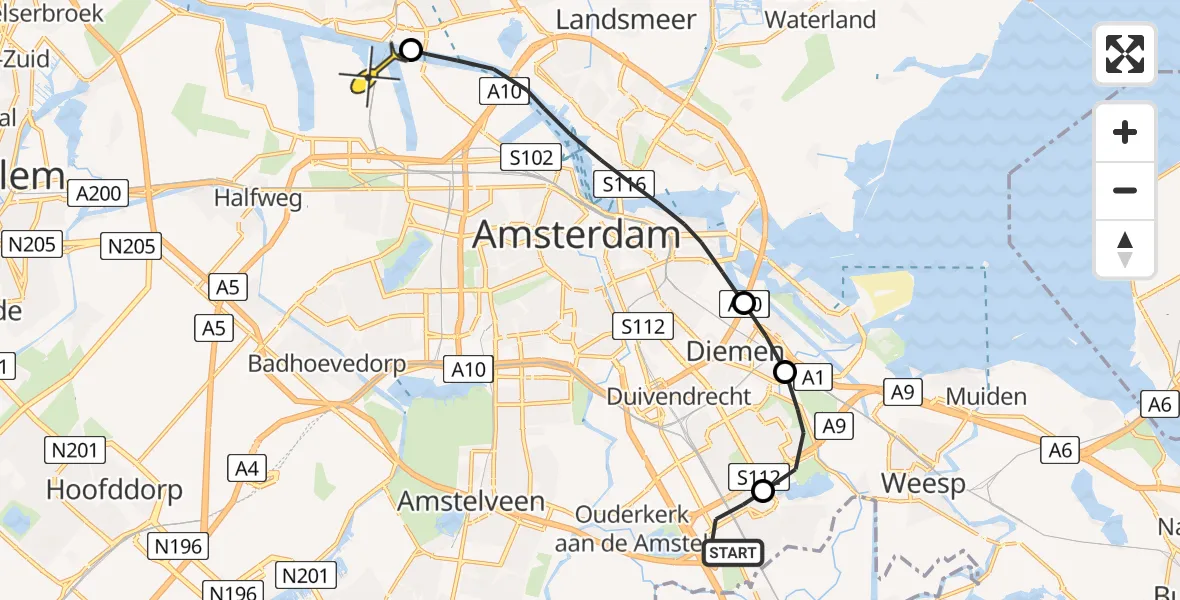 Routekaart van de vlucht: Lifeliner 1 naar Amsterdam Heliport