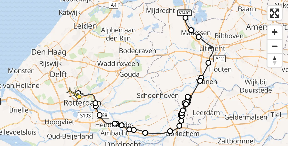 Routekaart van de vlucht: Politieheli naar Rotterdam The Hague Airport